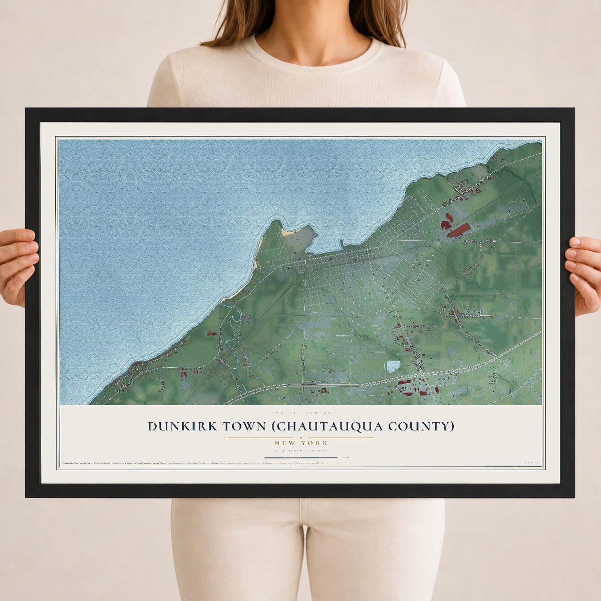 Dunkirk Town (Chautauqua County), New York map print, 18" x 24" W/ Black Ayous Wood Frame mockup