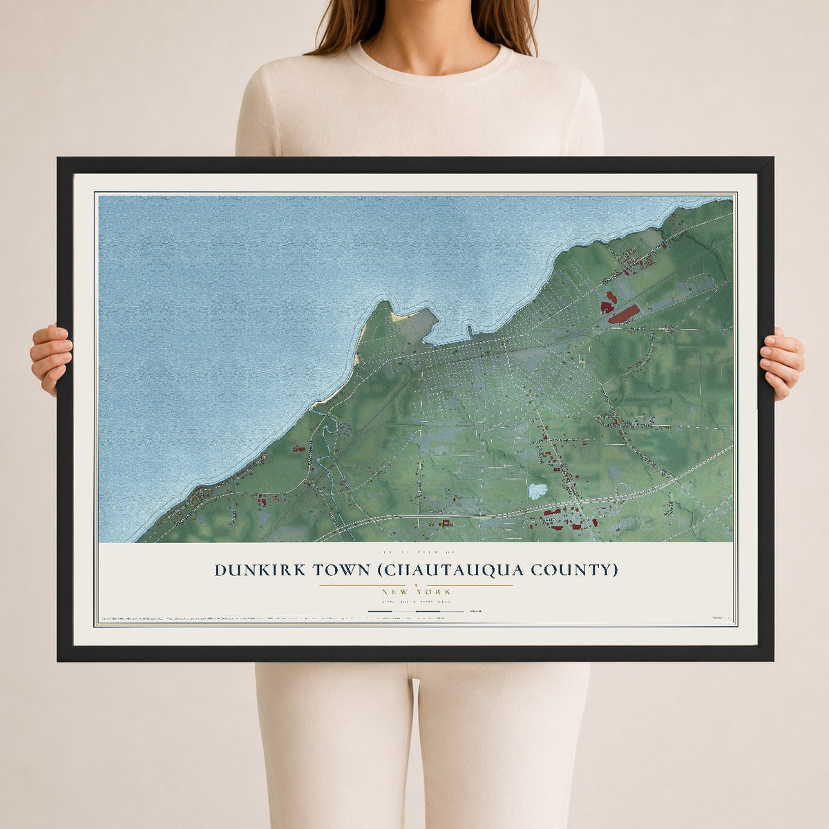 Dunkirk Town (Chautauqua County), New York map print, 24" x 36" W/ Black Ayous Wood Frame mockup