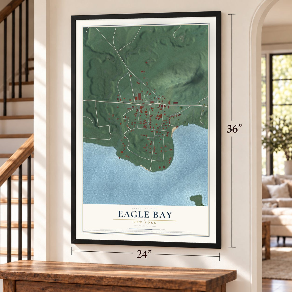 Eagle Bay, New York map, 24 x 36 inch print in a black frame by a staircase