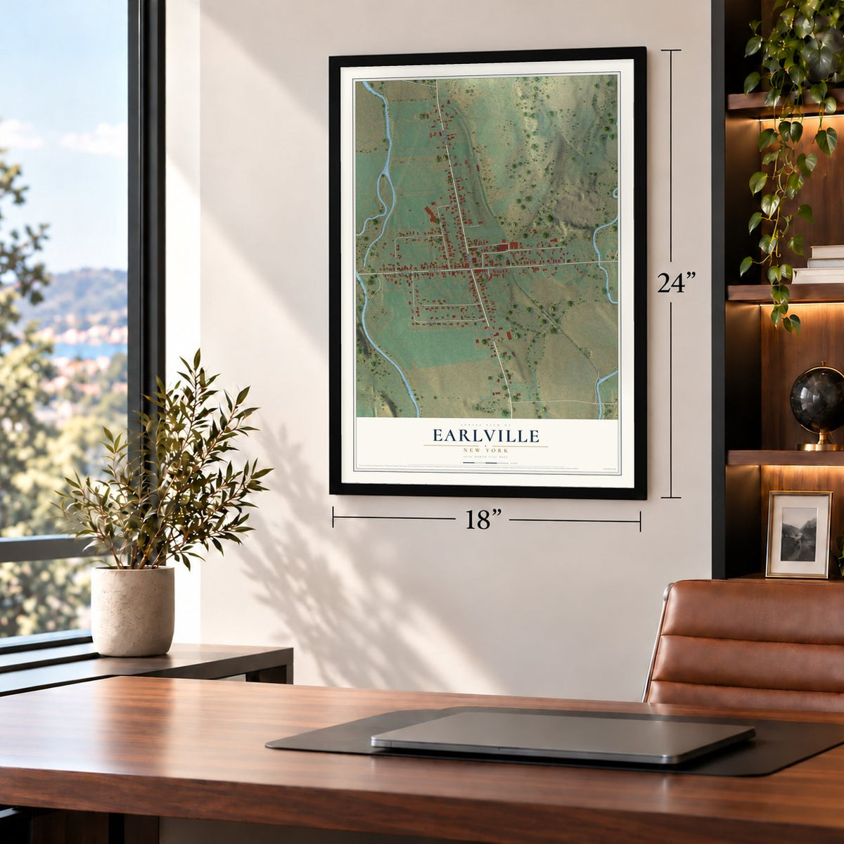 Earlville, New York map, 18 x 24 inch print in a black frame in a home office