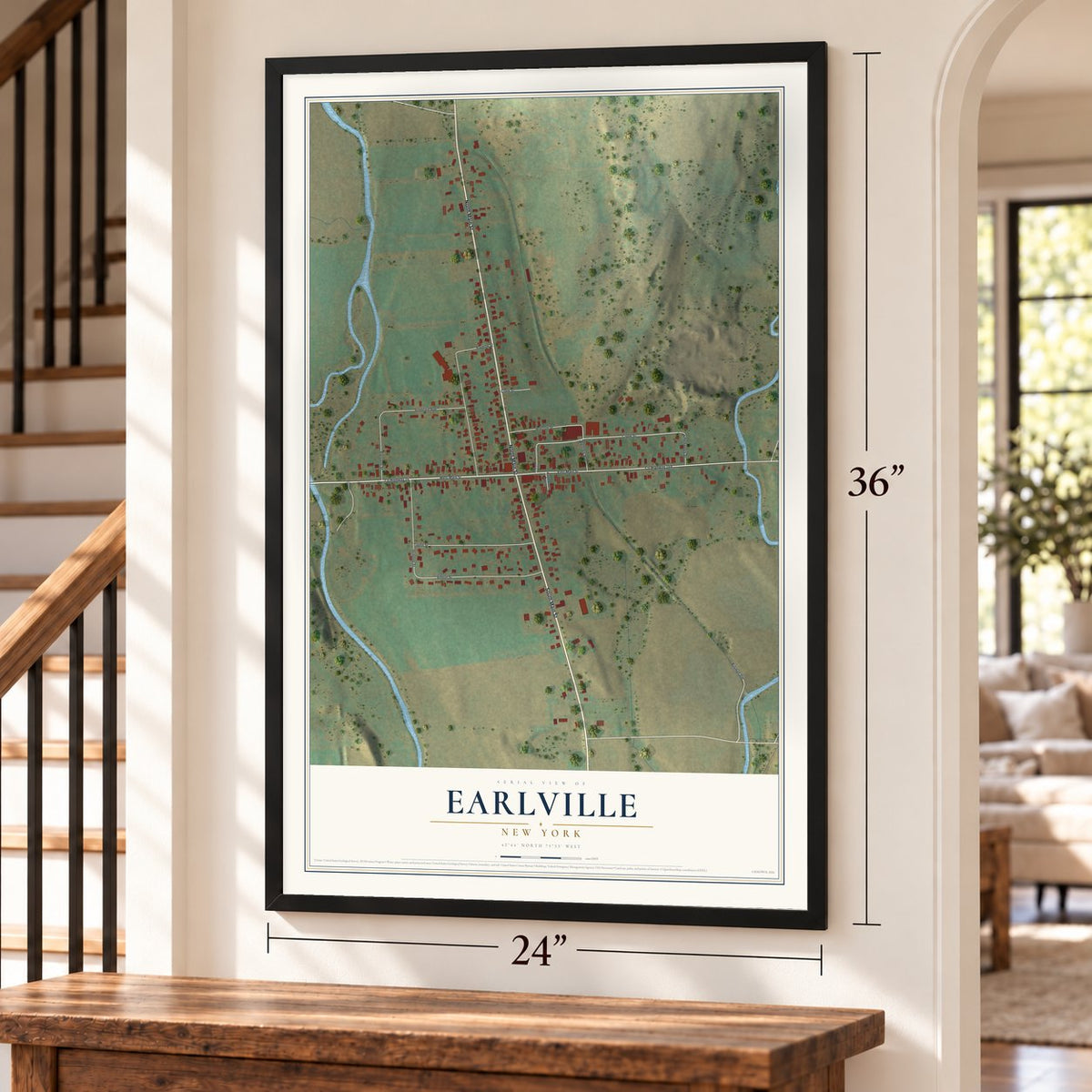 Earlville, New York map, 24 x 36 inch print in a black frame by a staircase