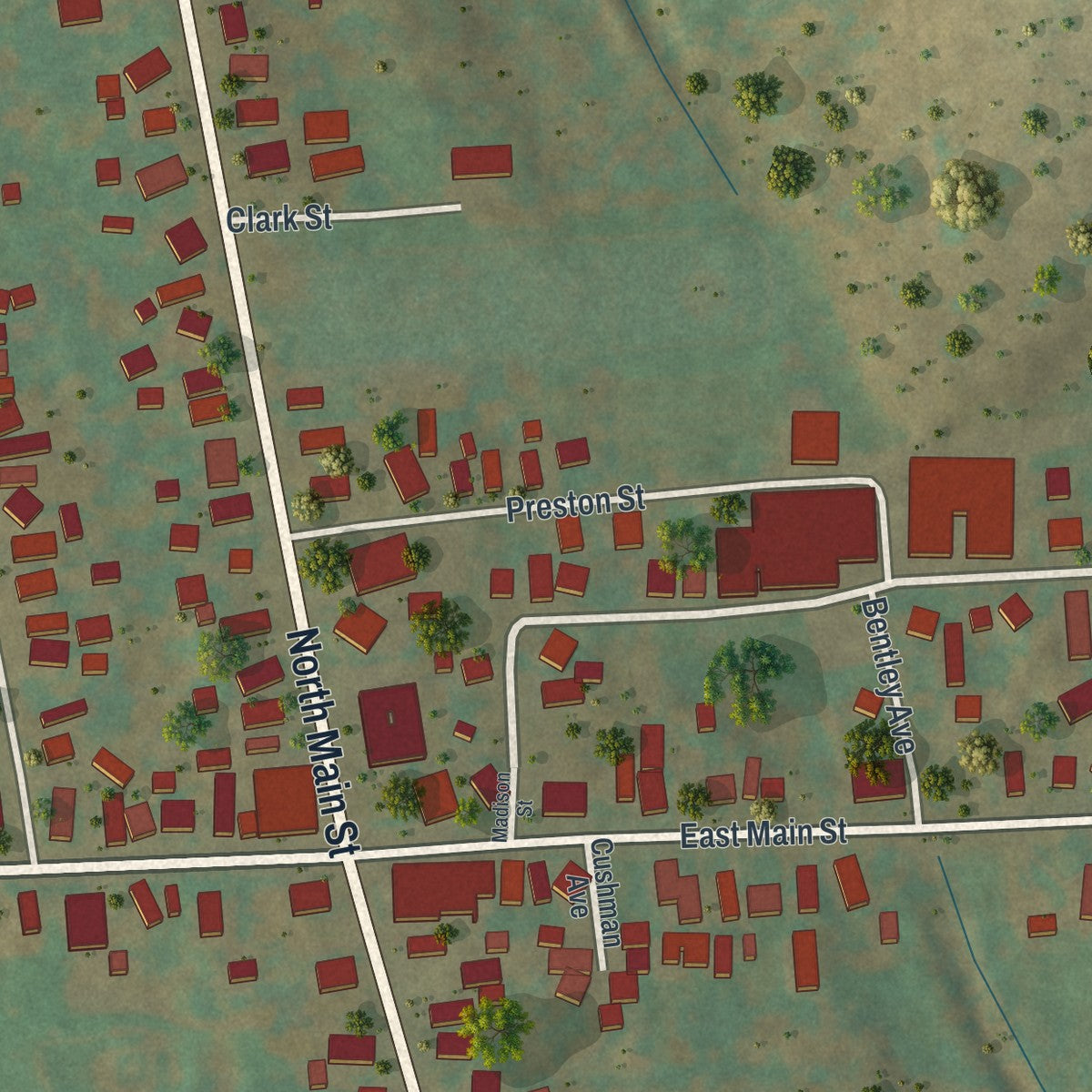 Close-up of the map of Earlville, New York print showing street and building detail
