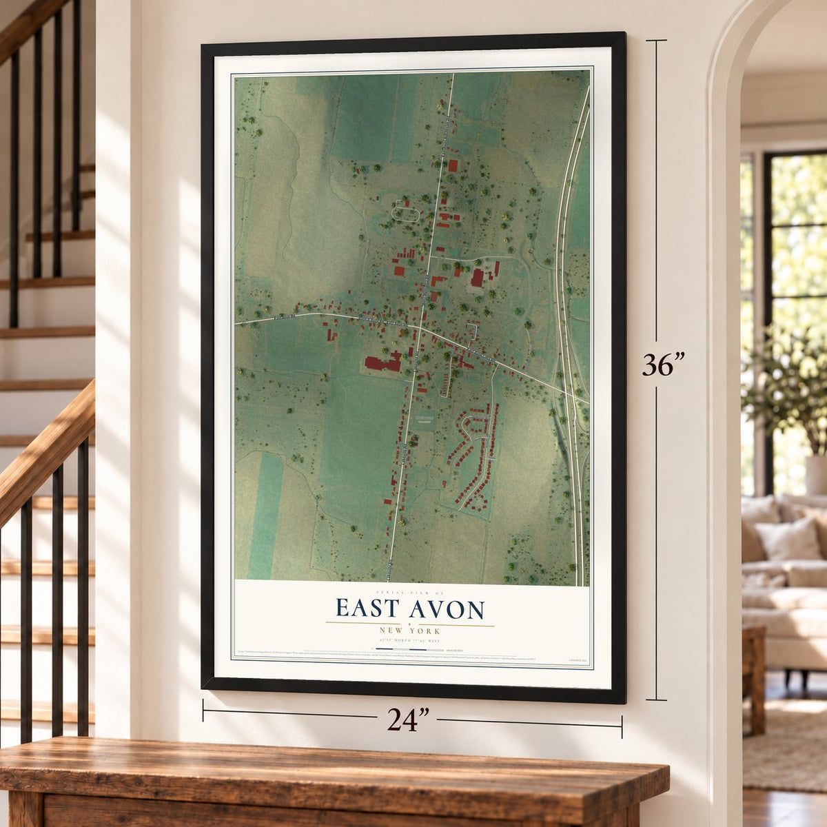 East Avon, New York map, 24 x 36 inch print in a black frame by a staircase