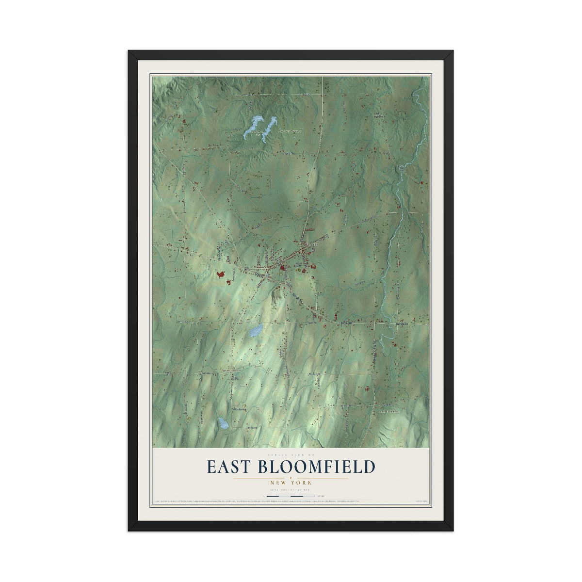 East Bloomfield, New York map print, 12" x 18" W/ Black Ayous Wood Frame mockup