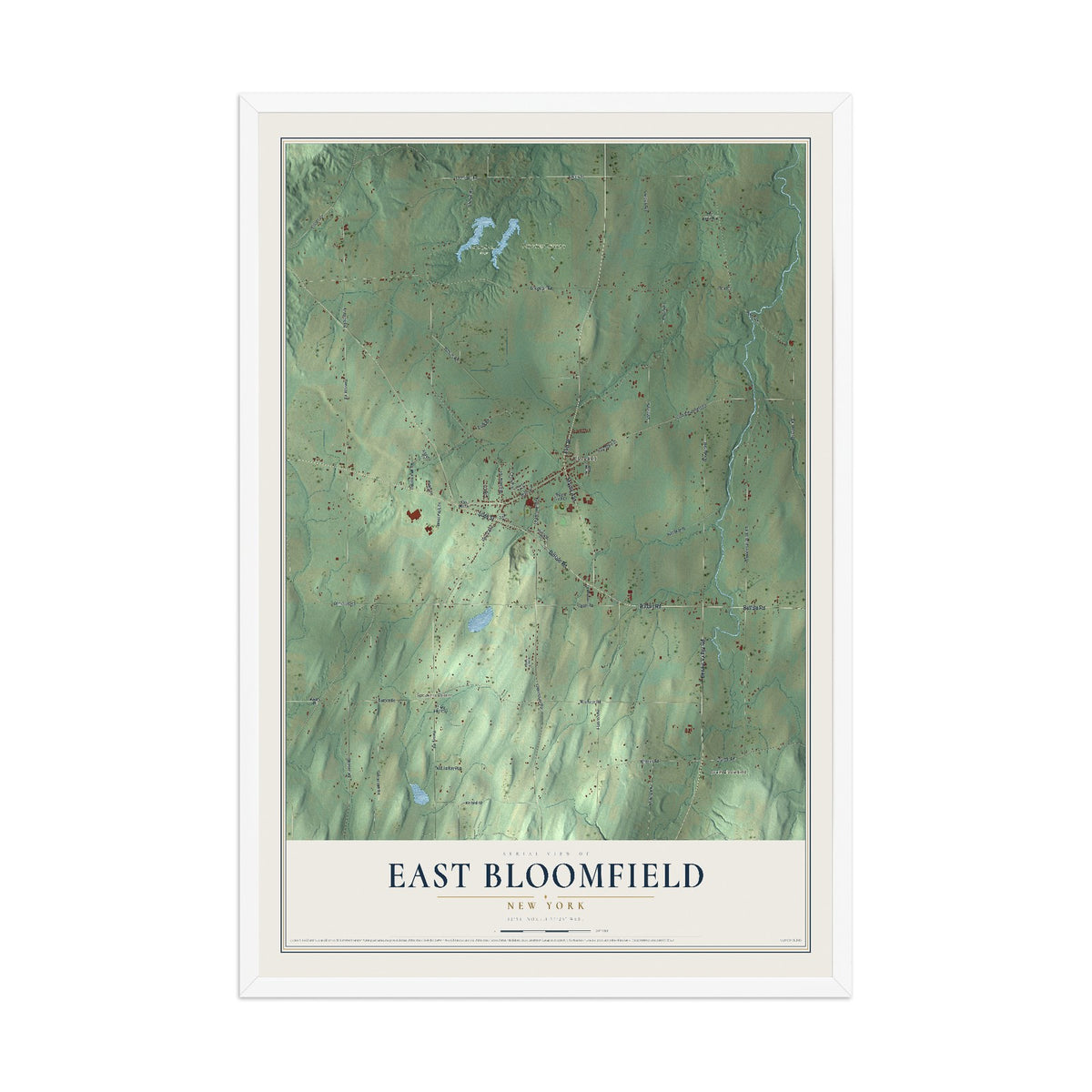 East Bloomfield, New York map print, 12" x 18" W/ White Ayous Wood Frame mockup