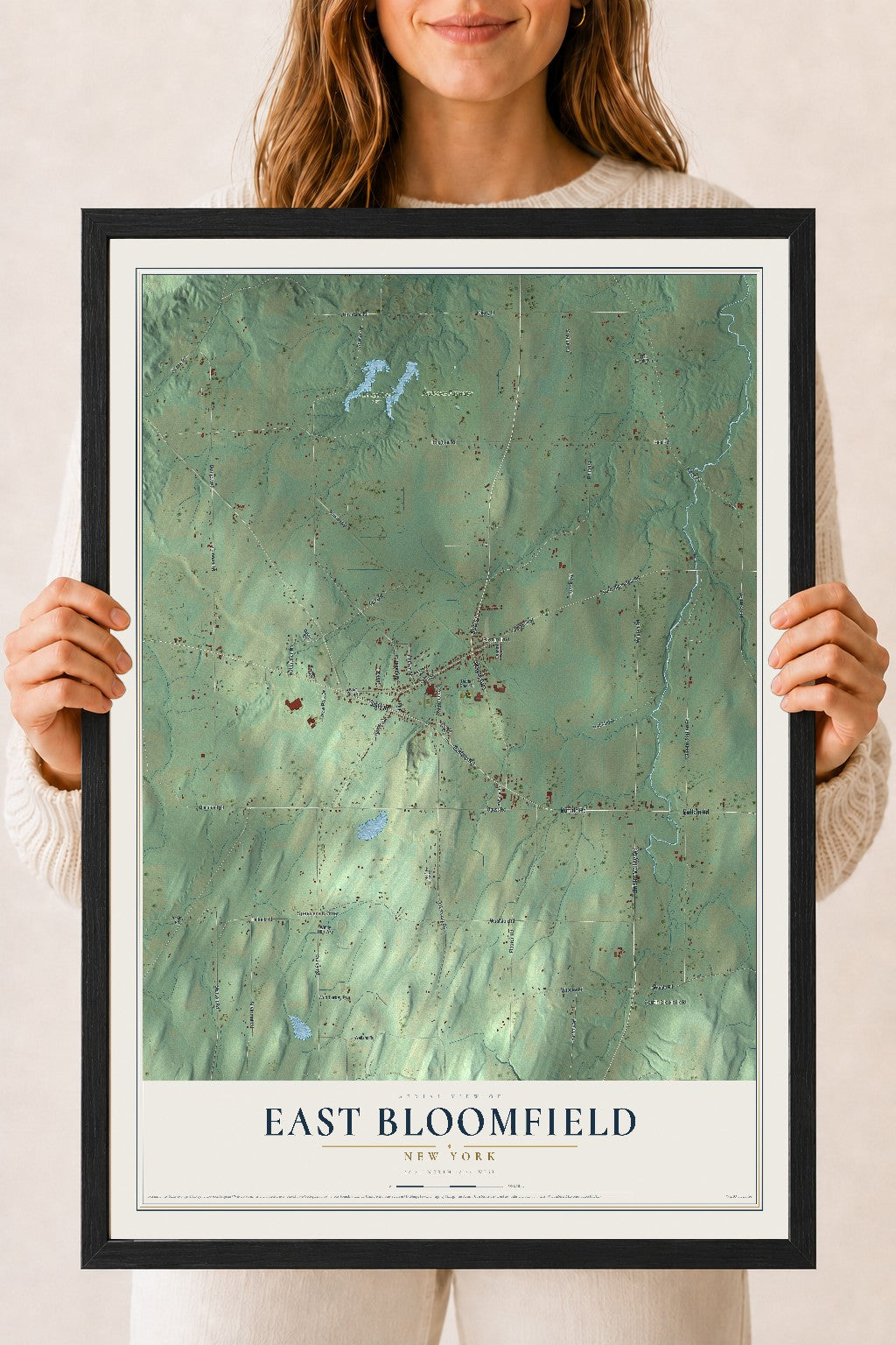 East Bloomfield, New York map print, 18" x 24" W/ Black Ayous Wood Frame mockup