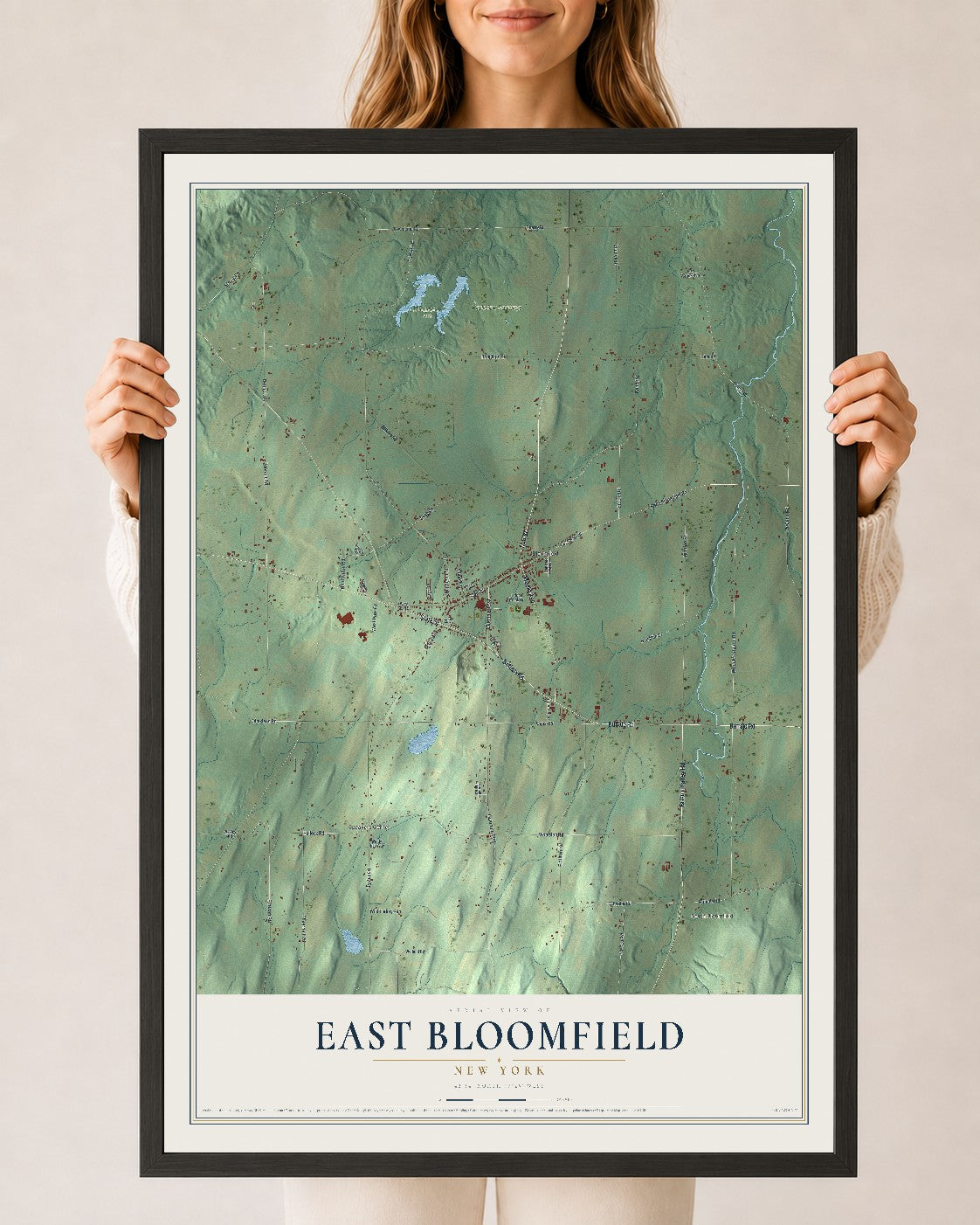 East Bloomfield, New York map print, 24" x 36" W/ Black Ayous Wood Frame mockup