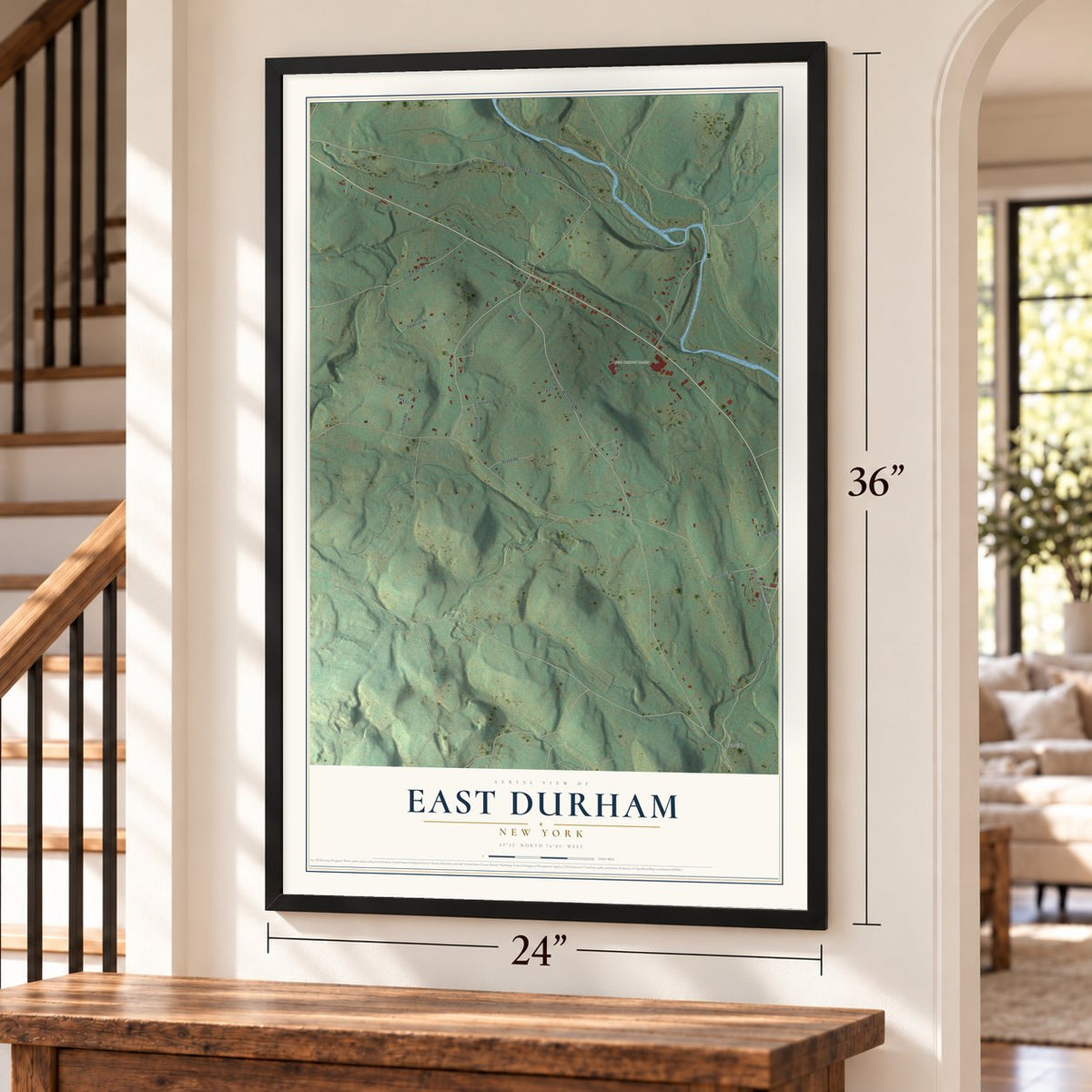 East Durham, New York map, 24 x 36 inch print in a black frame by a staircase