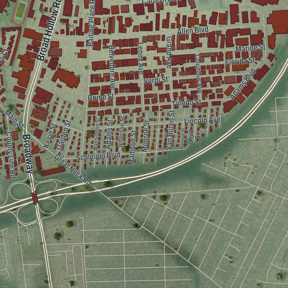 Close-up 1 of the East Farmingdale, New York map artwork