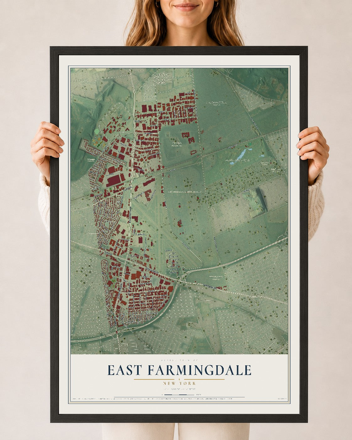 East Farmingdale, New York map print, 24" x 36" W/ Black Ayous Wood Frame mockup