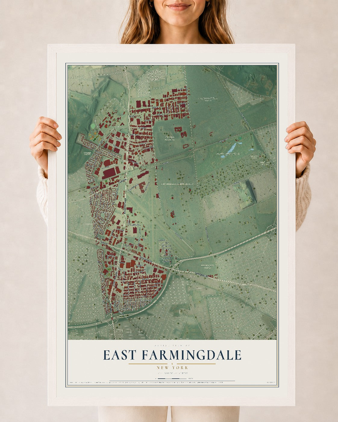 East Farmingdale, New York map print, 24" x 36" W/ White Ayous Wood Frame mockup