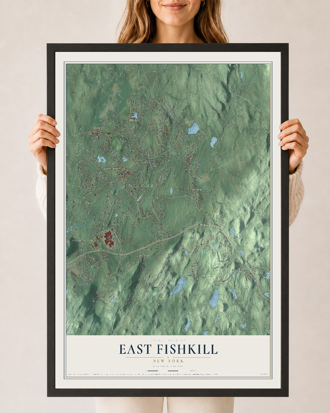 East Fishkill, New York map print, 24" x 36" W/ Black Ayous Wood Frame mockup