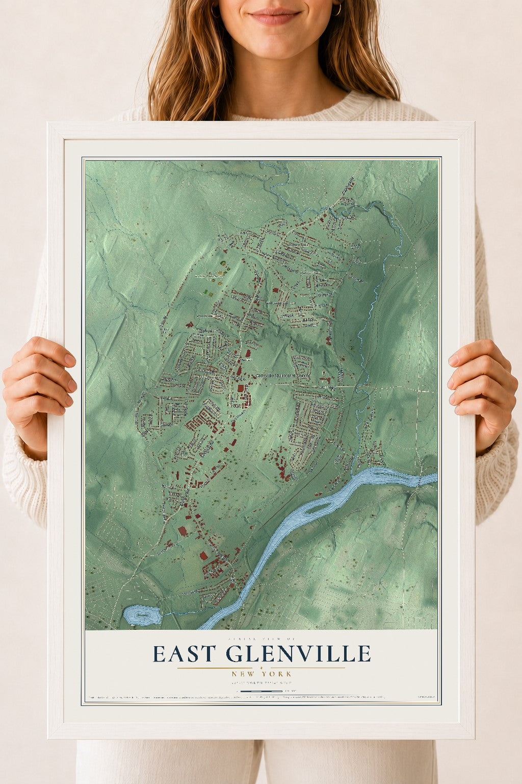 East Glenville, New York map print, 18" x 24" W/ White Ayous Wood Frame mockup