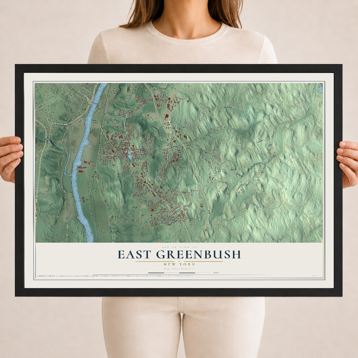 East Greenbush, New York map print, 18" x 24" W/ Black Ayous Wood Frame mockup