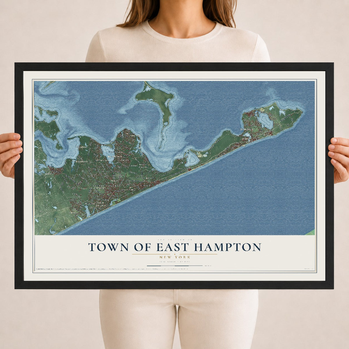 East Hampton, New York map print, 18" x 24" W/ Black Ayous Wood Frame mockup