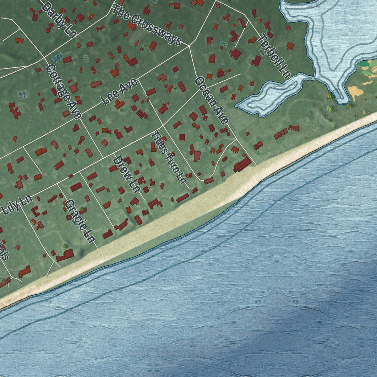 Close-up 2 of the East Hampton, New York map artwork