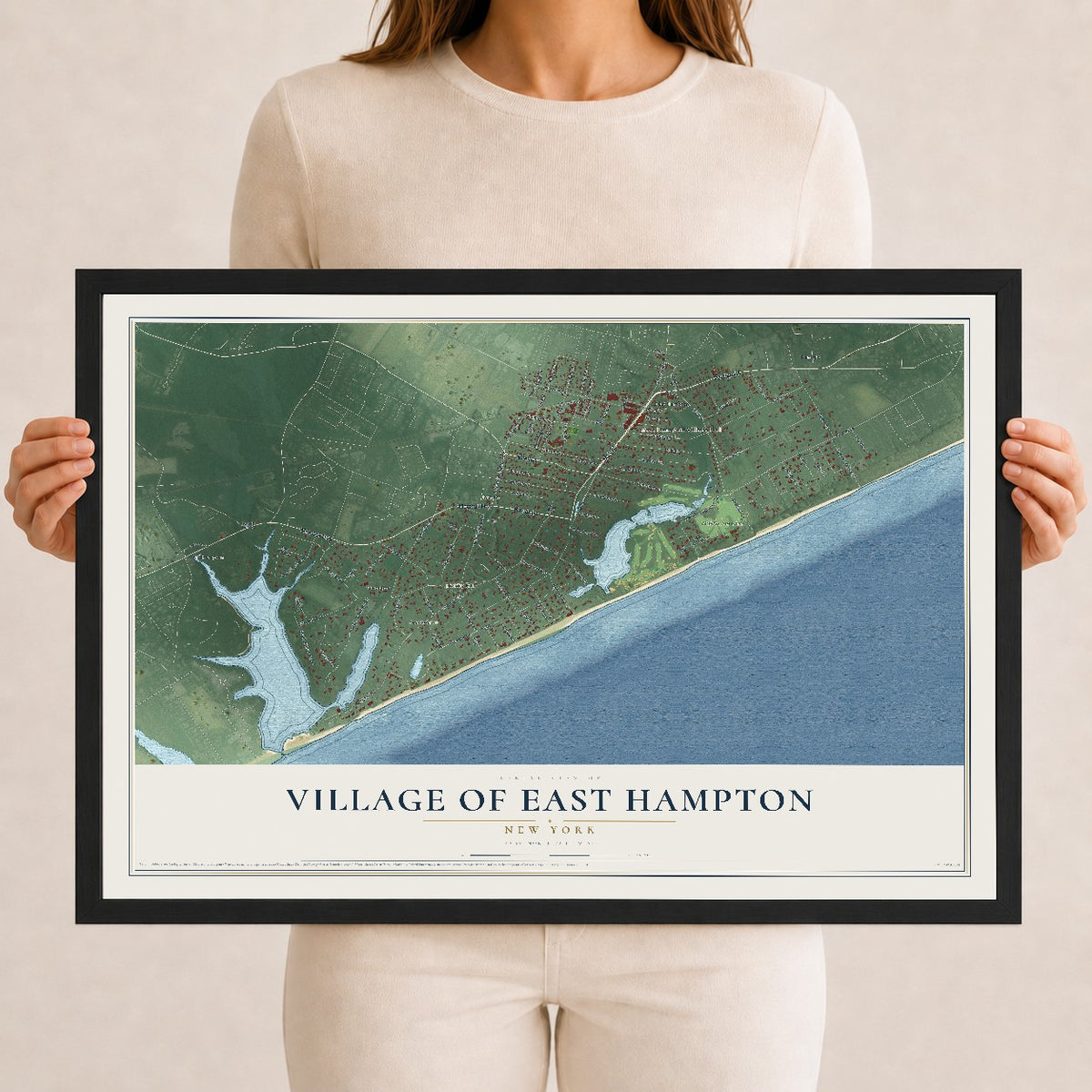 East Hampton, New York map print, 12" x 18" W/ Black Ayous Wood Frame mockup