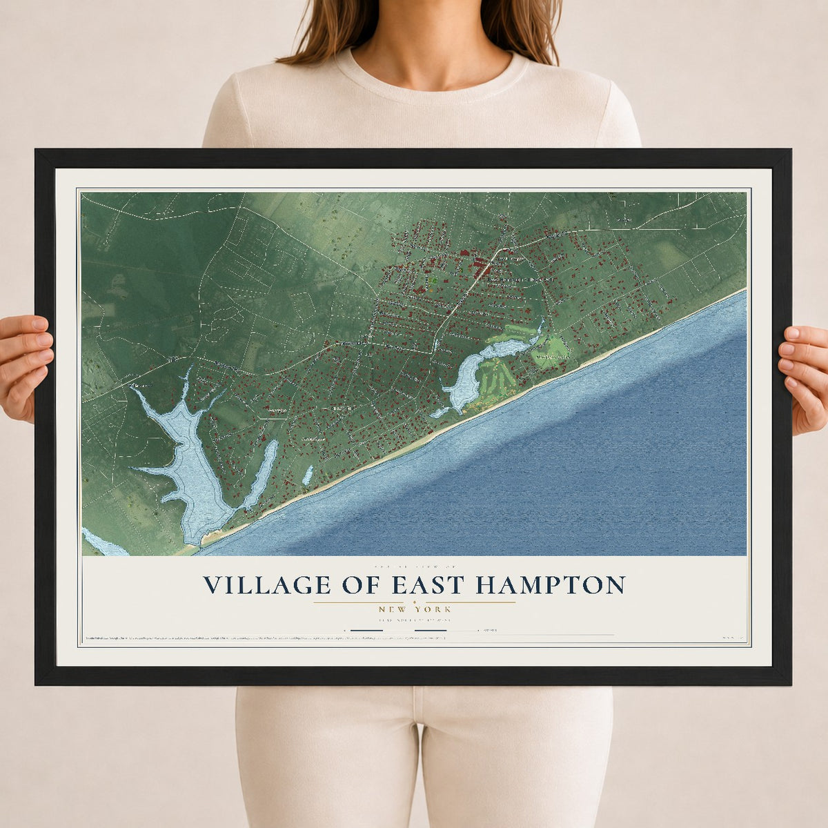 East Hampton, New York map print, 18" x 24" W/ Black Ayous Wood Frame mockup