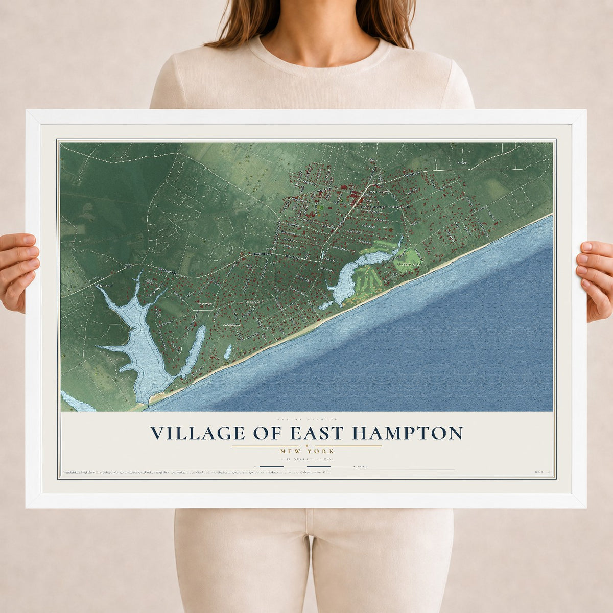 East Hampton, New York map print, 18" x 24" W/ White Ayous Wood Frame mockup