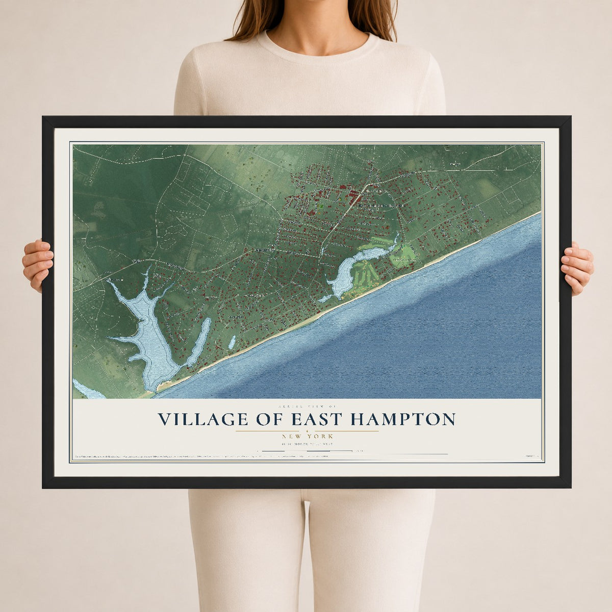 East Hampton, New York map print, 24" x 36" W/ Black Ayous Wood Frame mockup