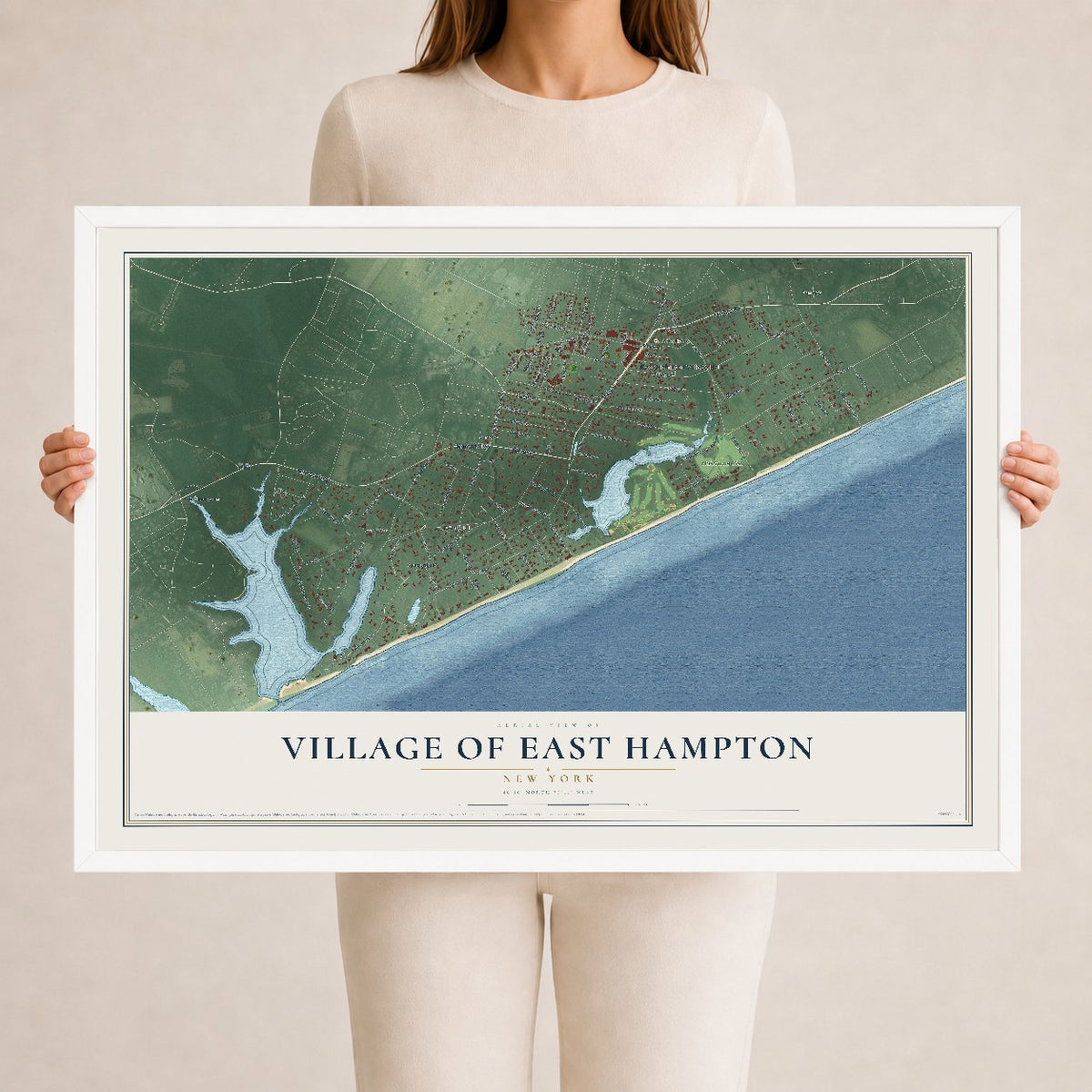 East Hampton, New York map print, 24" x 36" W/ White Ayous Wood Frame mockup