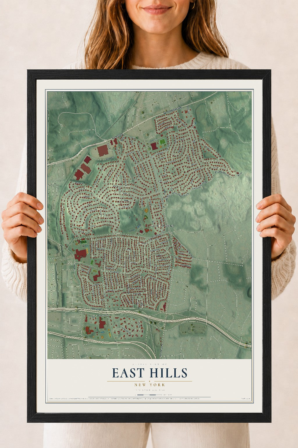 East Hills, New York map print, 18" x 24" W/ Black Ayous Wood Frame mockup