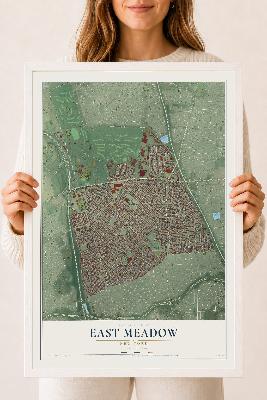 East Meadow, New York map print, 18" x 24" W/ White Ayous Wood Frame mockup