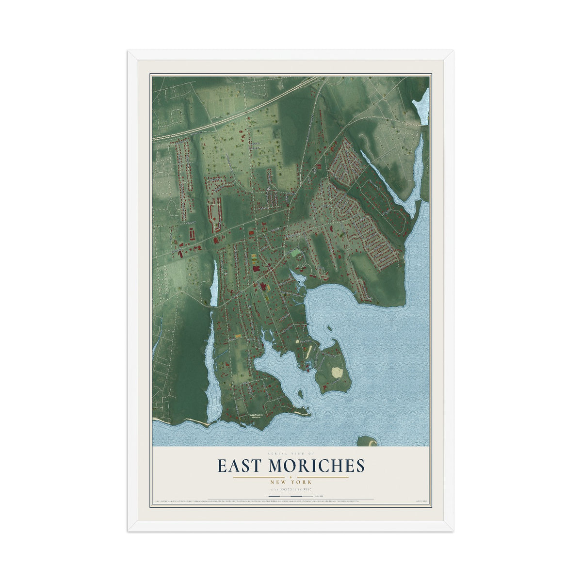 East Moriches, New York map print, 12" x 18" W/ White Ayous Wood Frame mockup
