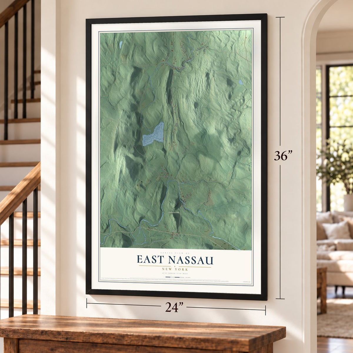 East Nassau, New York map, 24 x 36 inch print in a black frame by a staircase