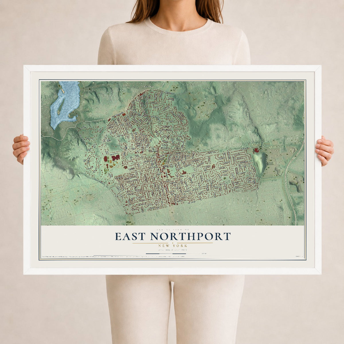 East Northport, New York map print, 24" x 36" W/ White Ayous Wood Frame mockup
