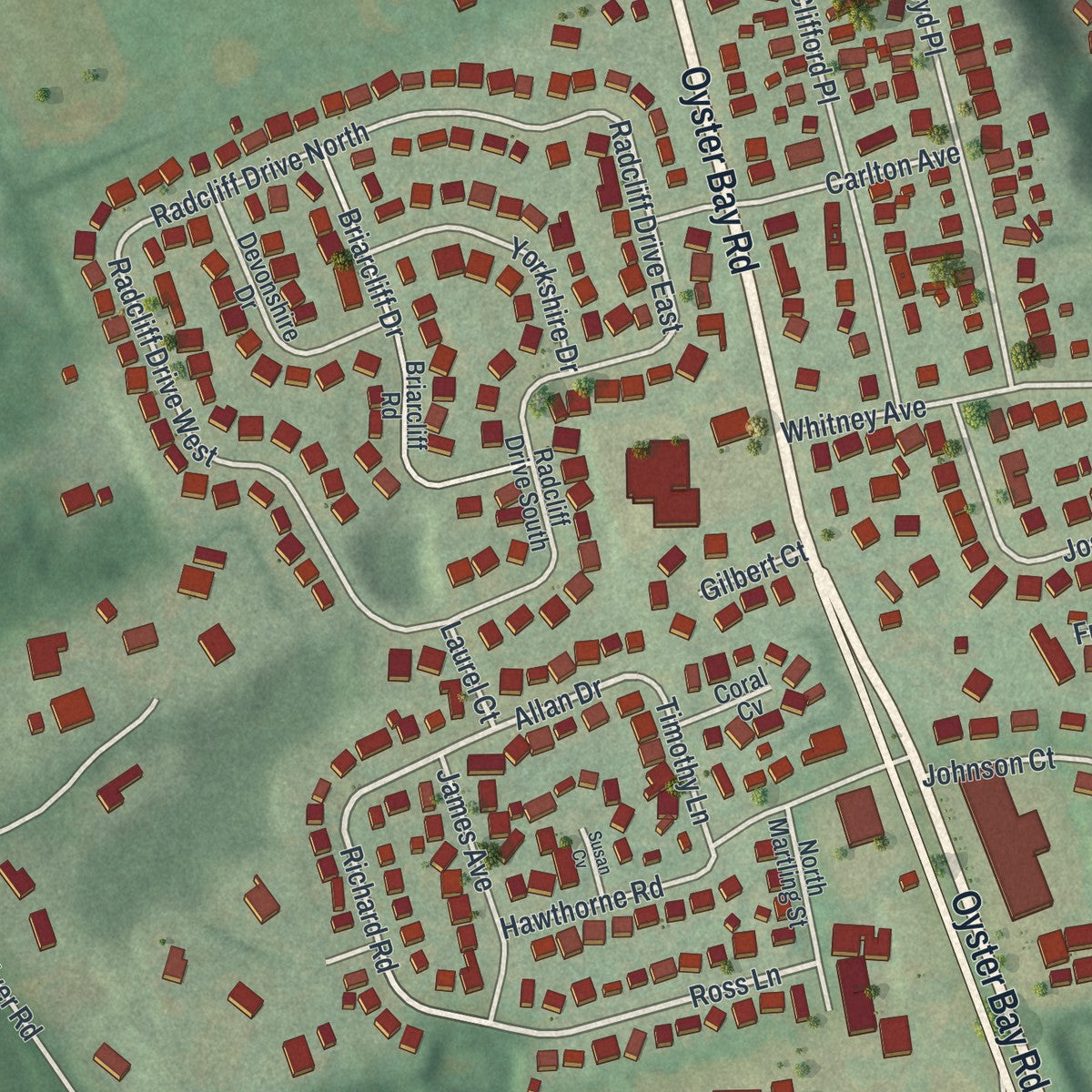 Close-up of the map of East Norwich, New York print showing street and building detail