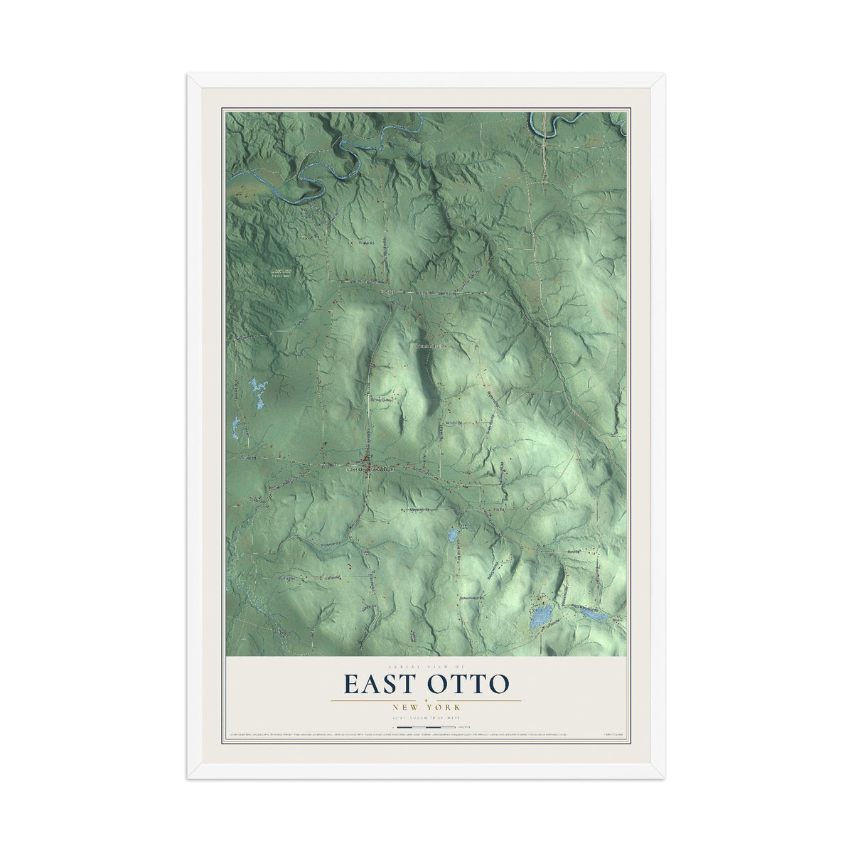 East Otto, New York map print, 12" x 18" W/ White Ayous Wood Frame mockup