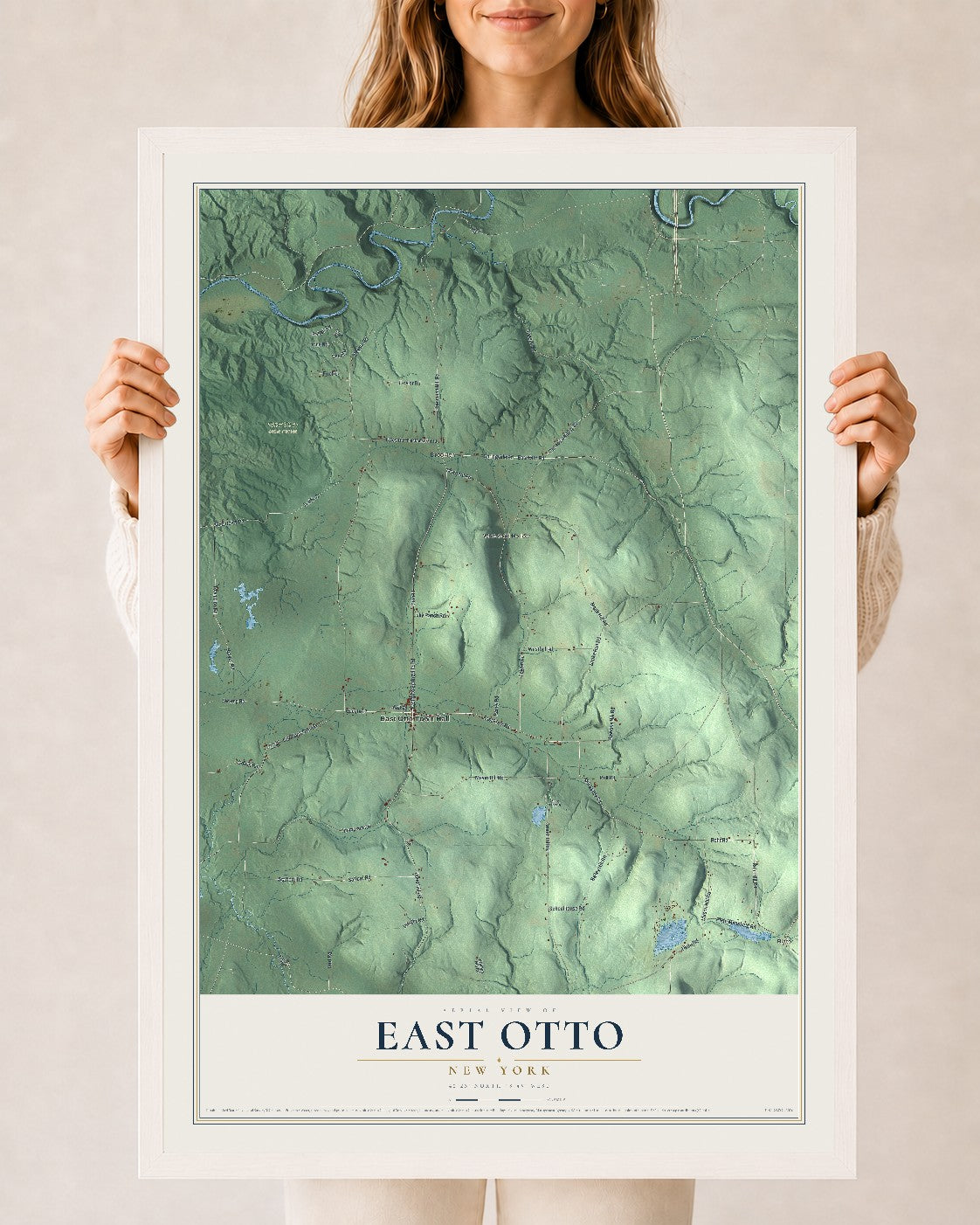 East Otto, New York map print, 24" x 36" W/ White Ayous Wood Frame mockup
