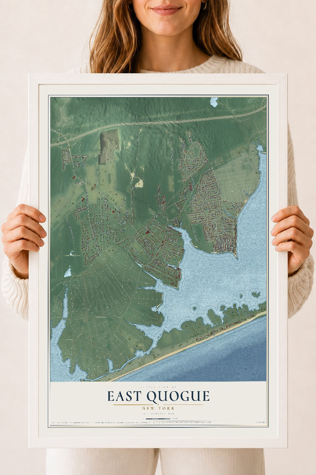 East Quogue, New York map print, 18" x 24" W/ White Ayous Wood Frame mockup