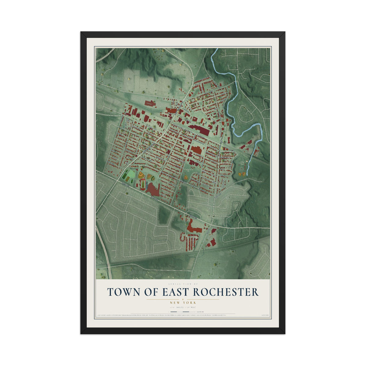 Map of the Town of East Rochester, New York, 12 x 18 inch print in a black wood frame