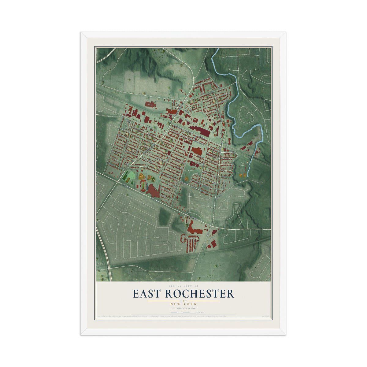 East Rochester, New York map print, 12" x 18" W/ White Ayous Wood Frame mockup
