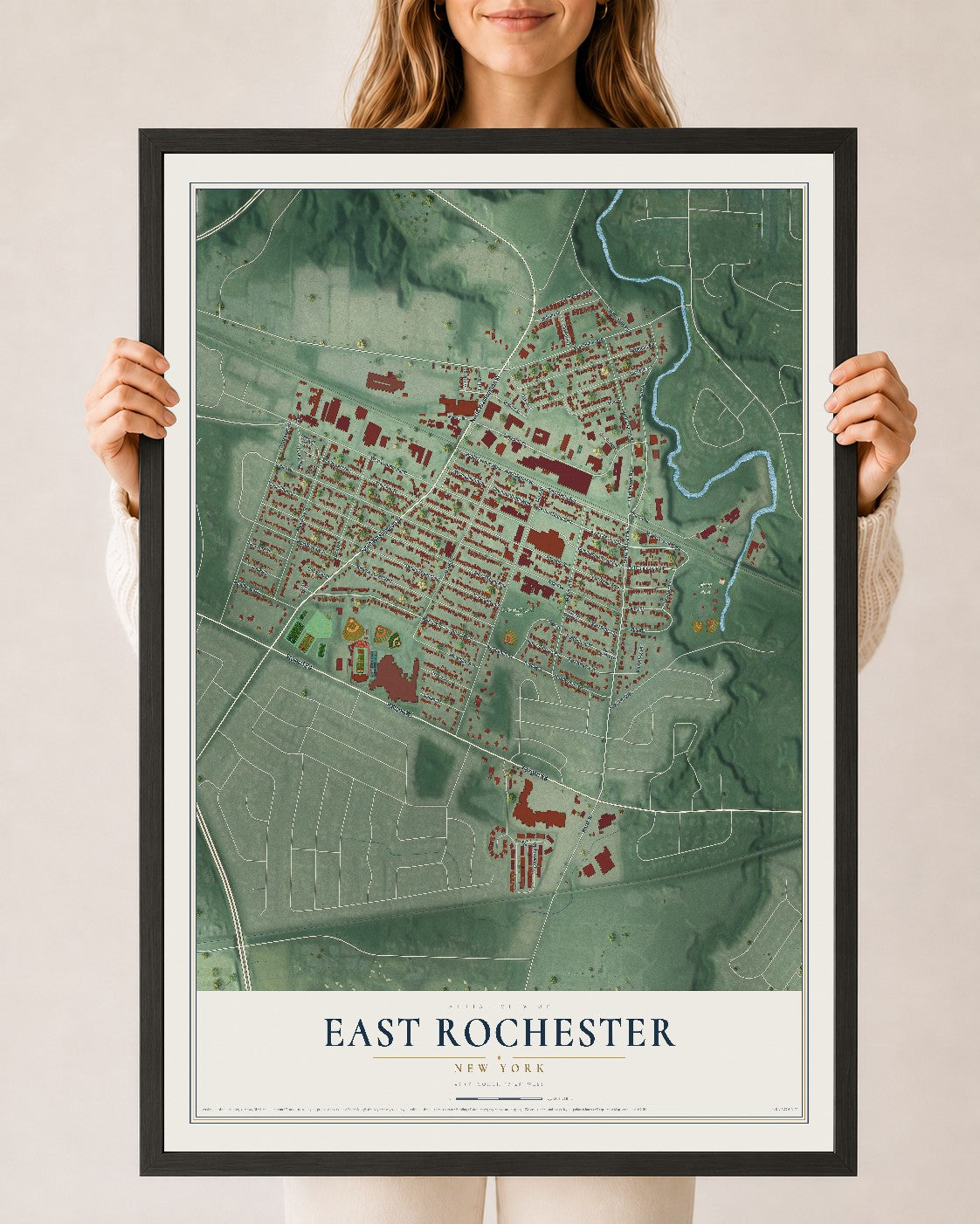 East Rochester, New York map print, 24" x 36" W/ Black Ayous Wood Frame mockup