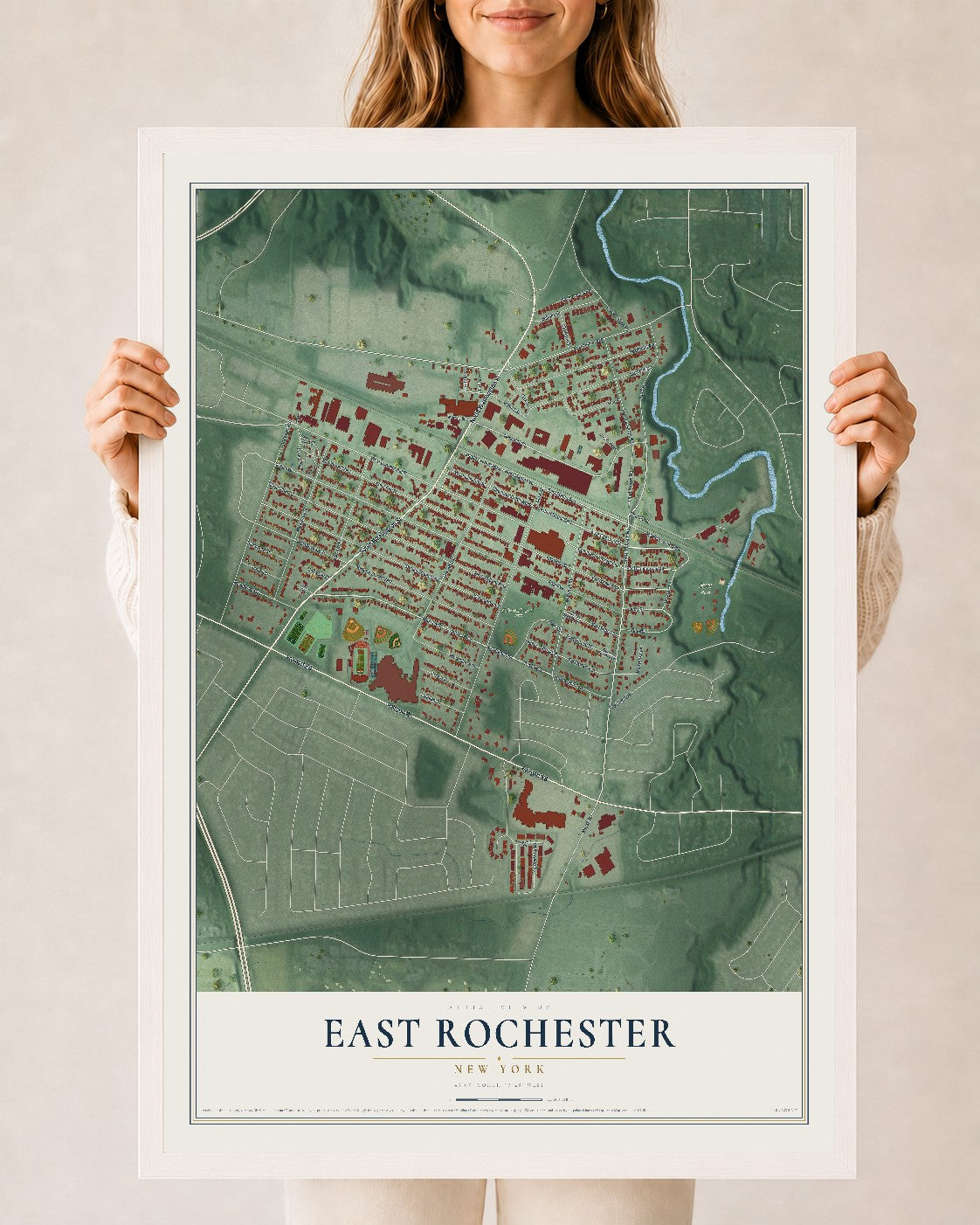 East Rochester, New York map print, 24" x 36" W/ White Ayous Wood Frame mockup