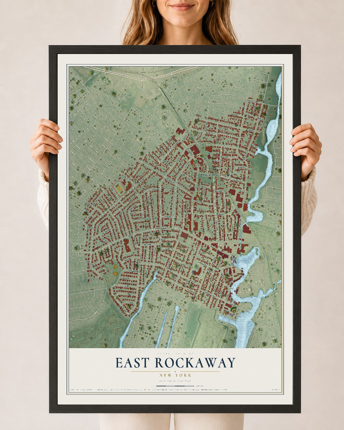 East Rockaway, New York map print, 24" x 36" W/ Black Ayous Wood Frame mockup