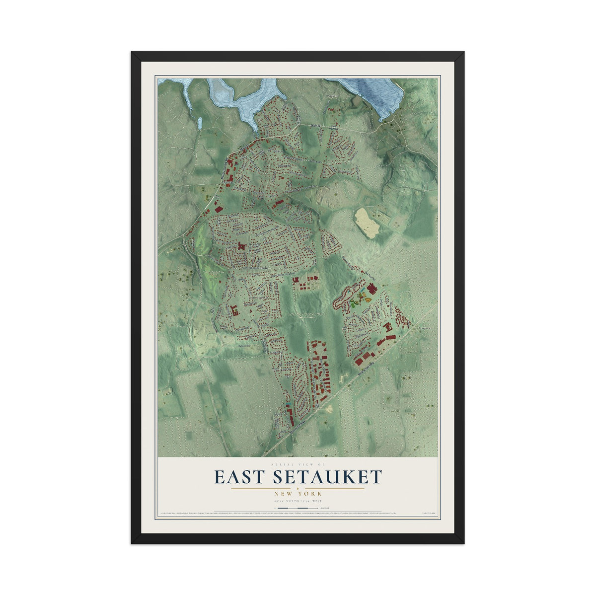 East Setauket, New York map print, 12" x 18" W/ Black Ayous Wood Frame mockup