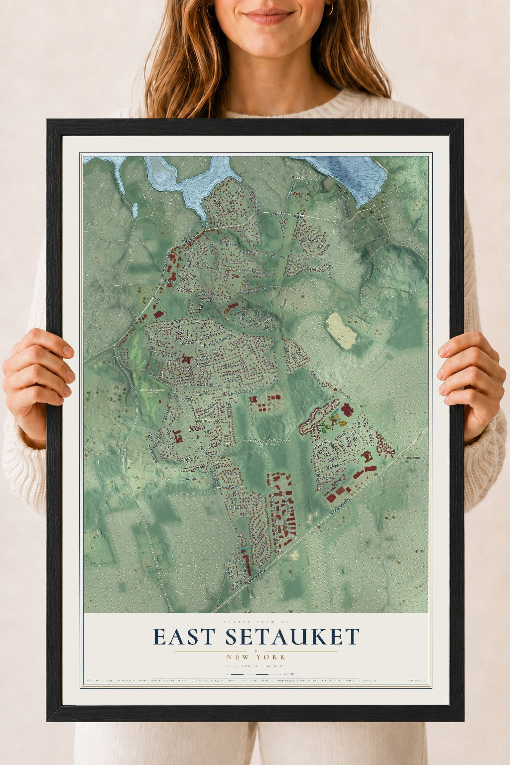 East Setauket, New York map print, 18" x 24" W/ Black Ayous Wood Frame mockup