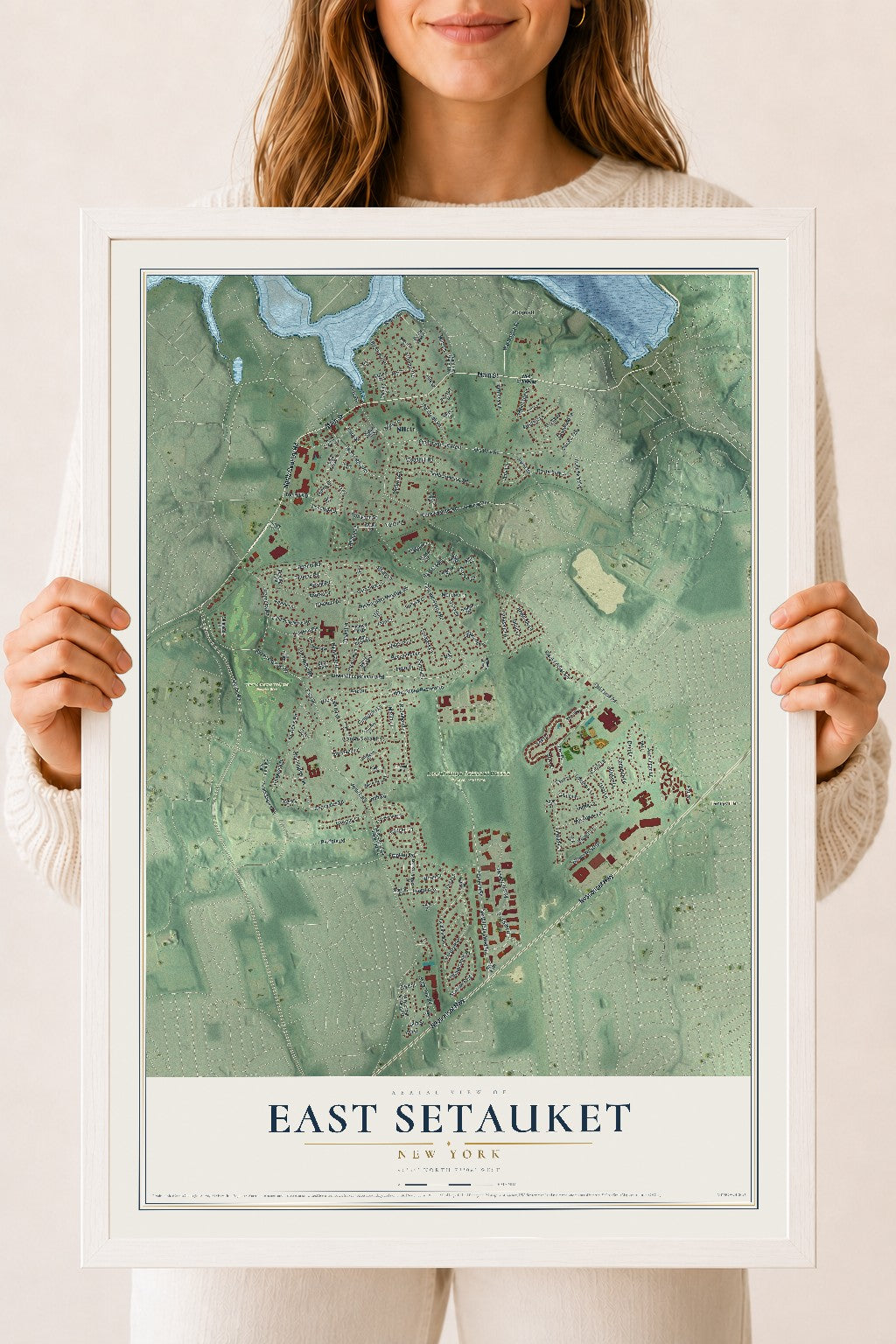 East Setauket, New York map print, 18" x 24" W/ White Ayous Wood Frame mockup