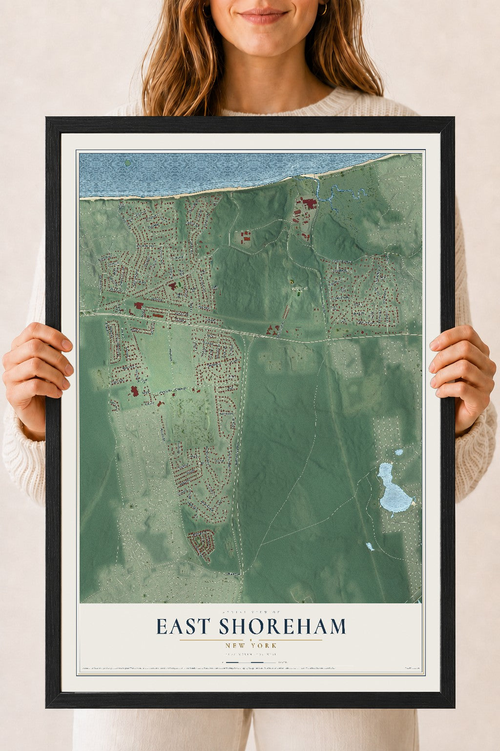 East Shoreham, New York map print, 18" x 24" W/ Black Ayous Wood Frame mockup