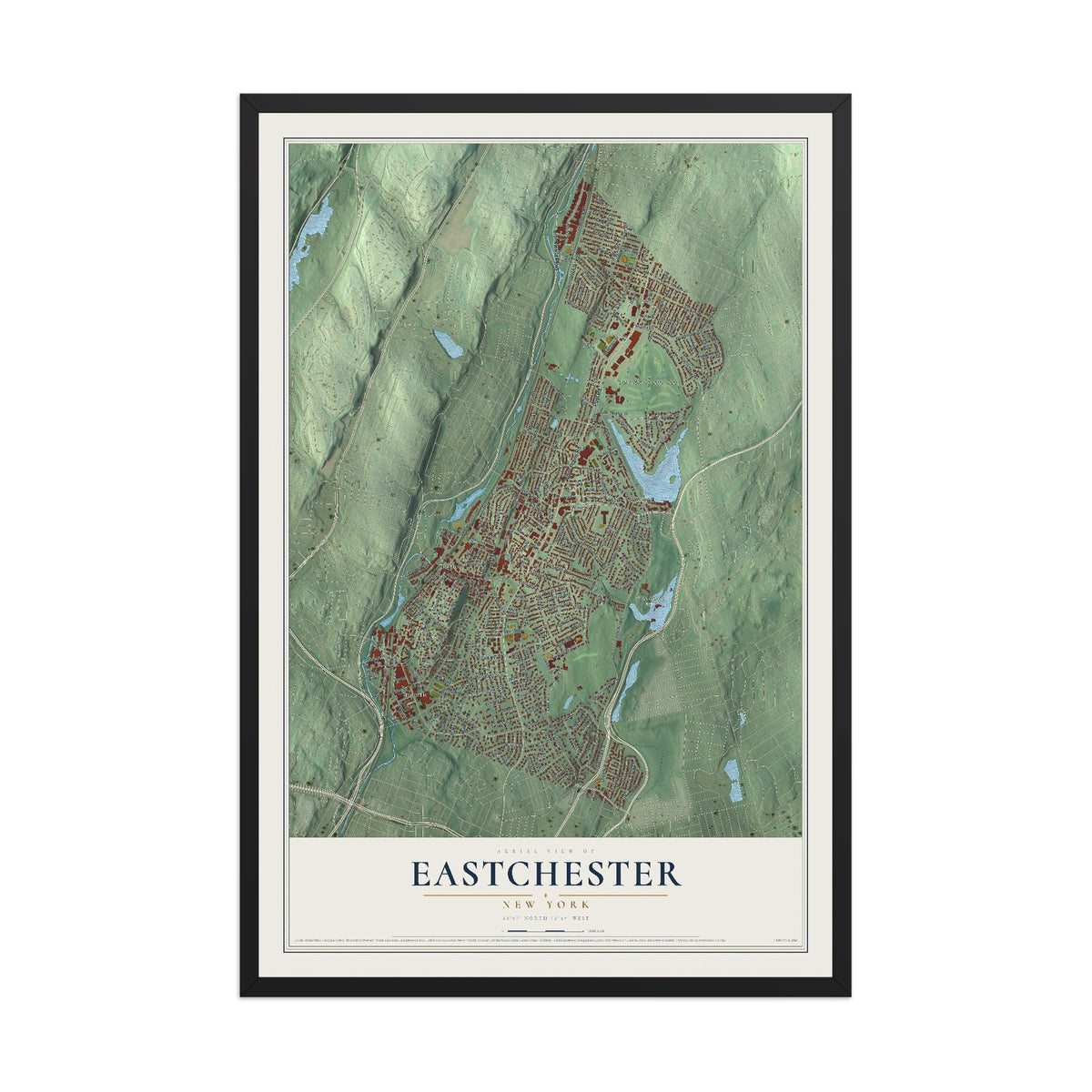 Eastchester, New York map print, 12" x 18" W/ Black Ayous Wood Frame mockup