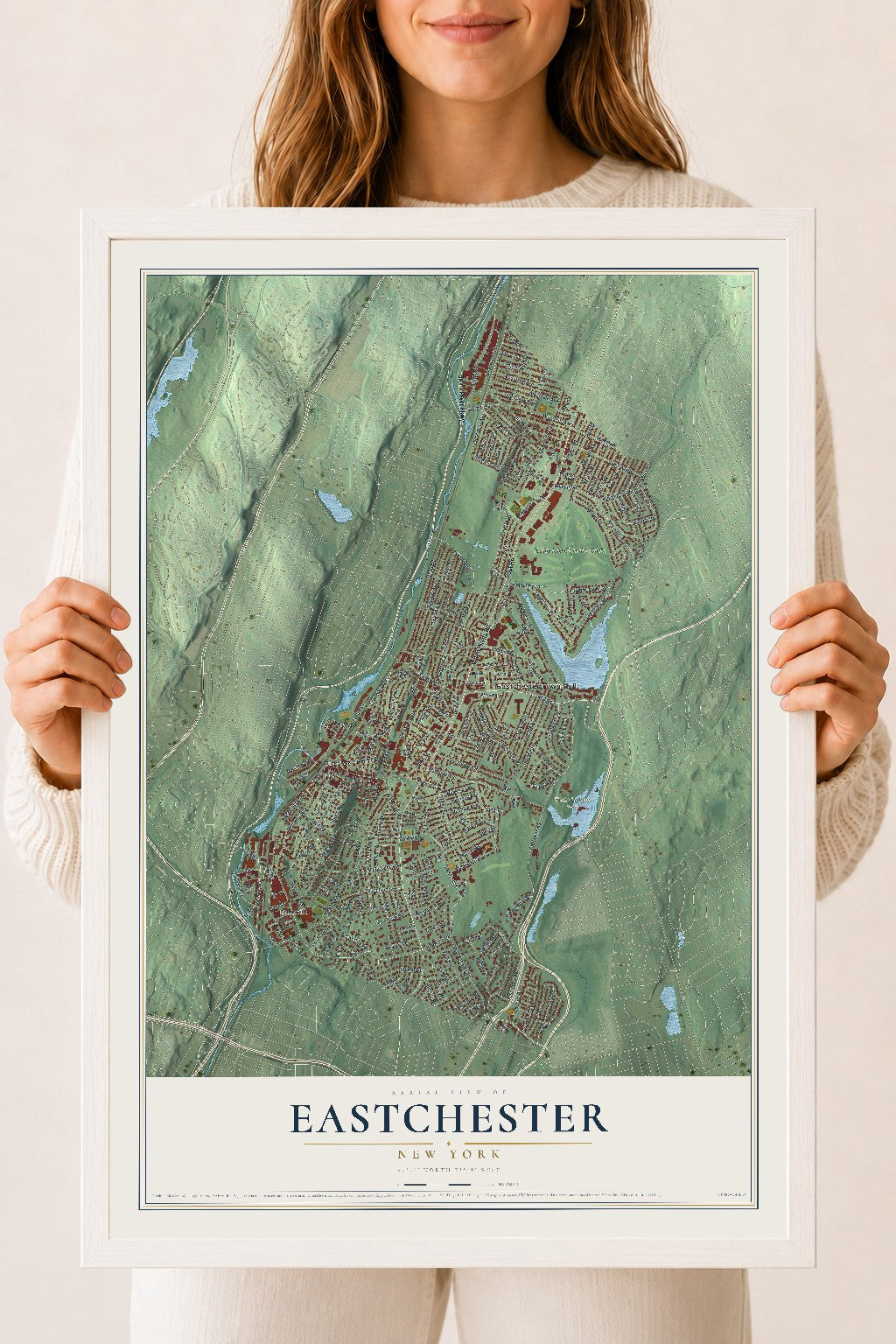 Eastchester, New York map print, 18" x 24" W/ White Ayous Wood Frame mockup