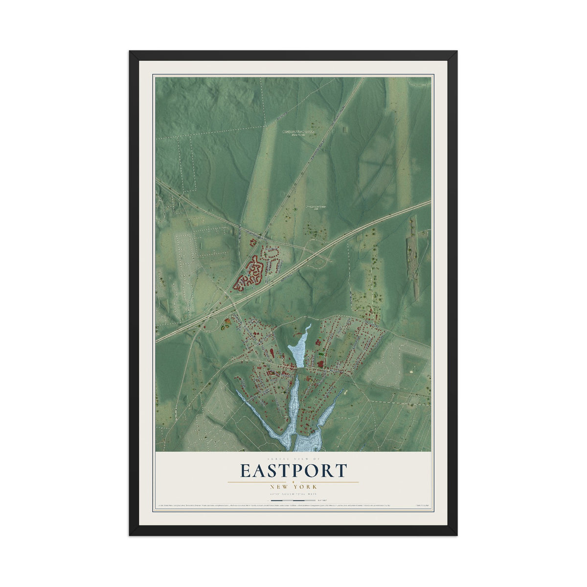 Eastport, New York map print, 12" x 18" W/ Black Ayous Wood Frame mockup