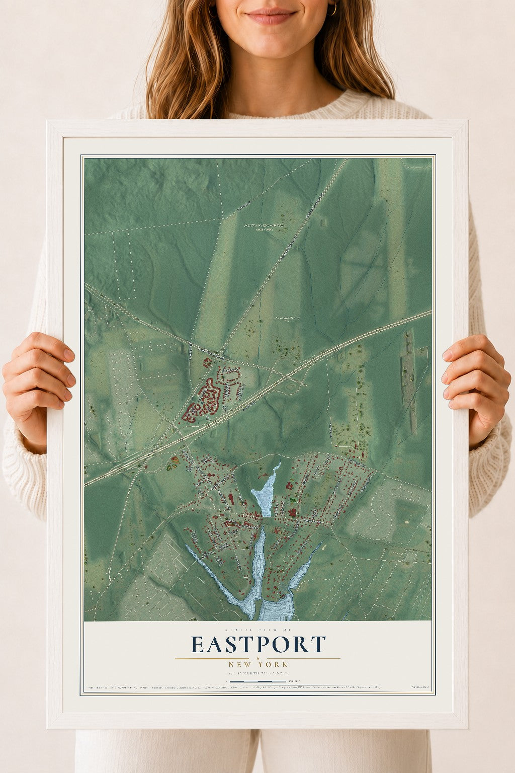 Eastport, New York map print, 18" x 24" W/ White Ayous Wood Frame mockup