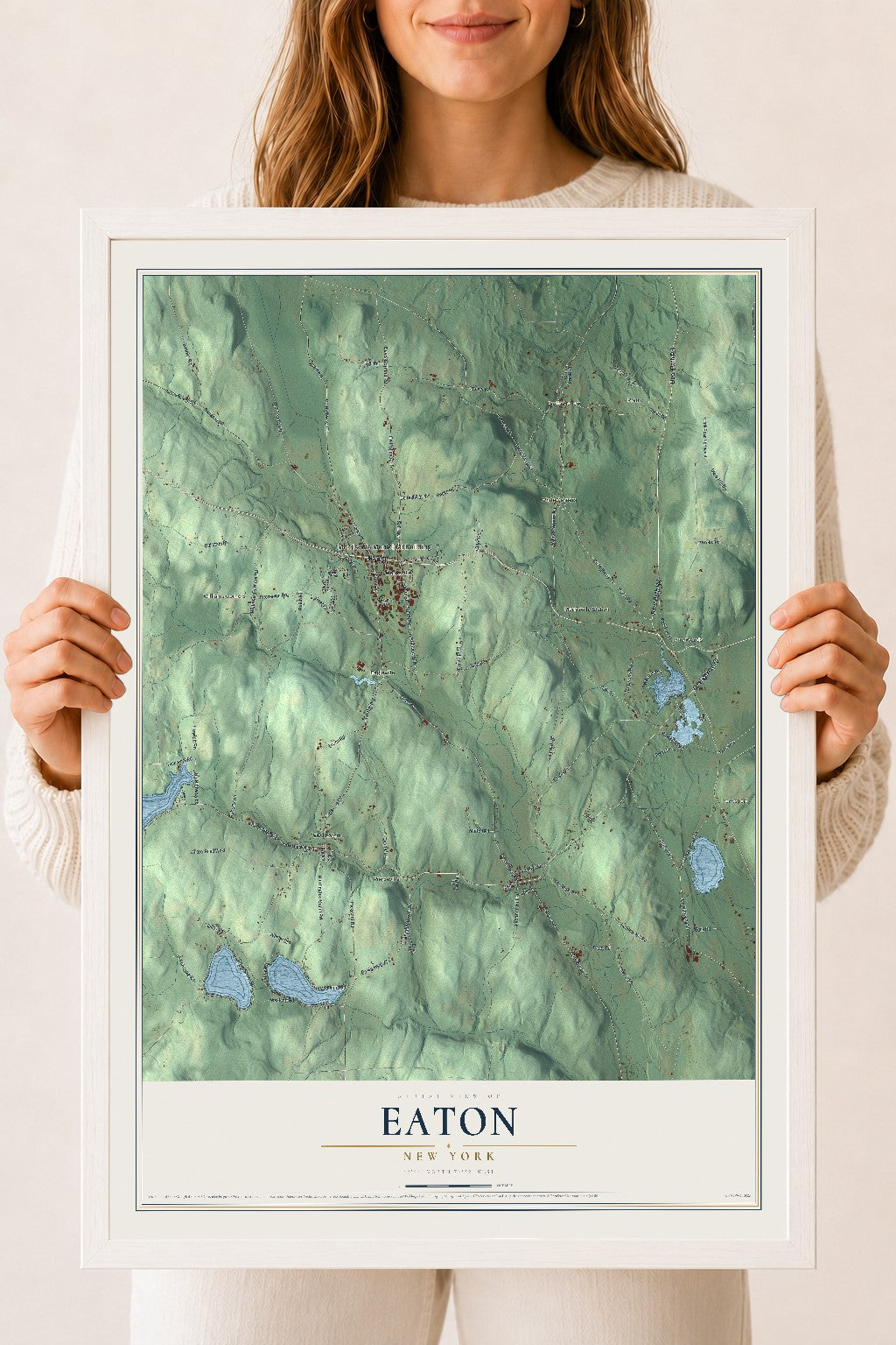 Eaton, New York map print, 18" x 24" W/ White Ayous Wood Frame mockup