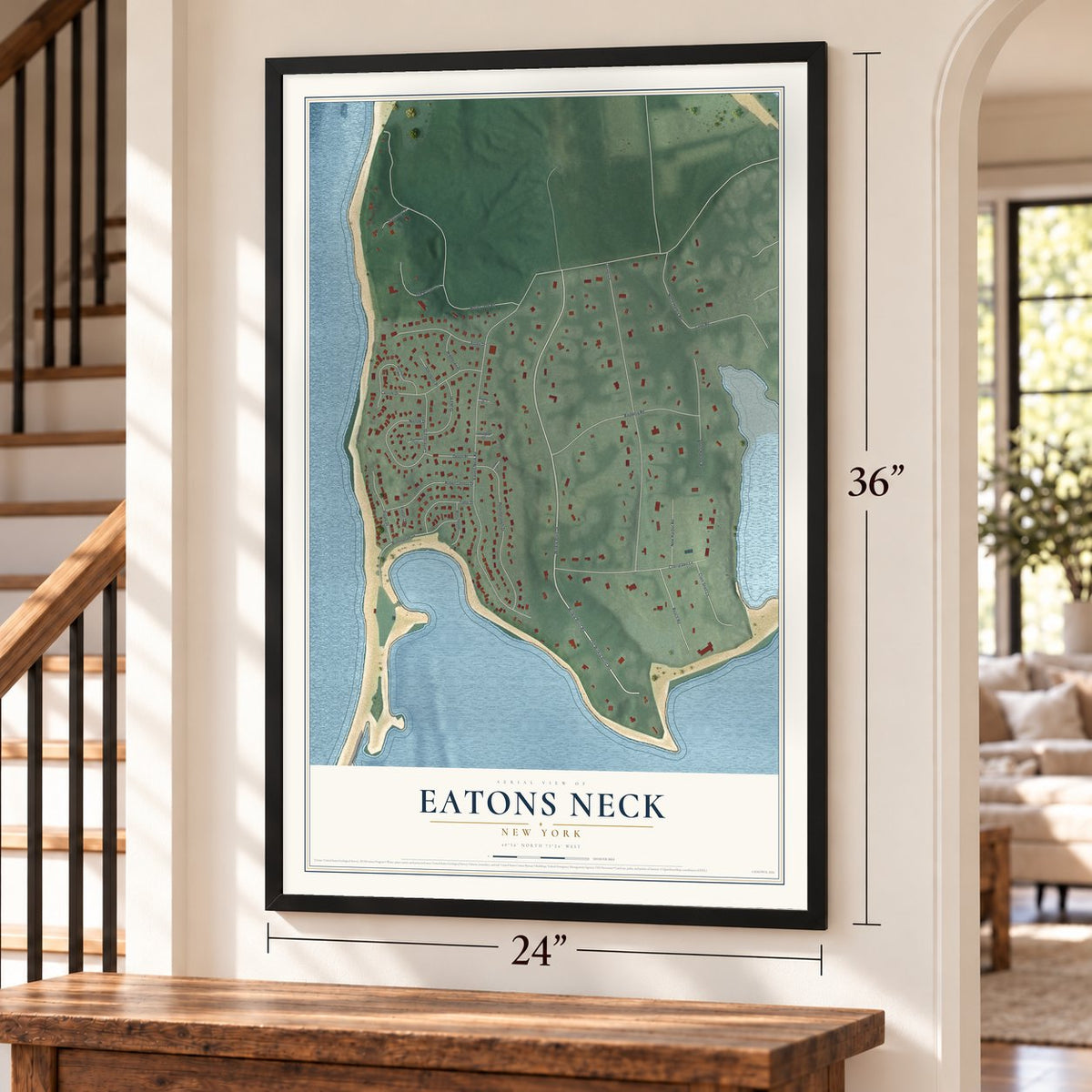 Eatons Neck, New York map, 24 x 36 inch print in a black frame by a staircase