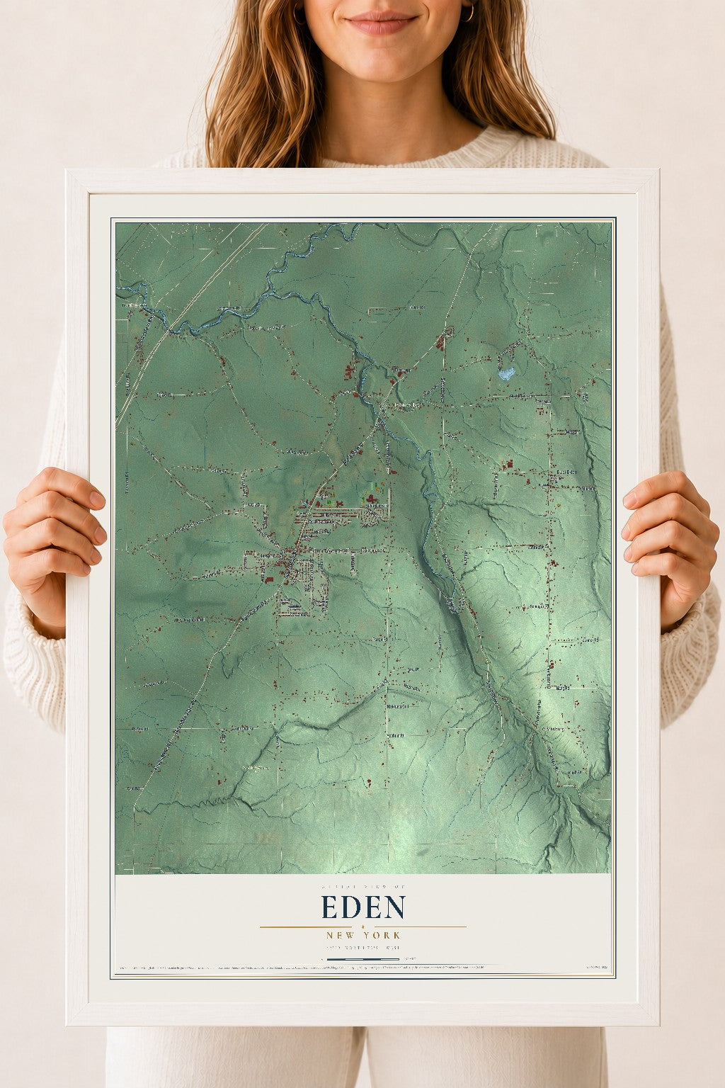 Eden, New York map print, 18" x 24" W/ White Ayous Wood Frame mockup